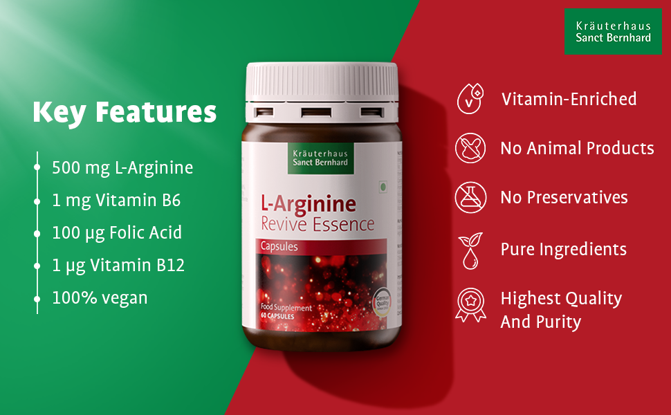 Kräuterhaus Sanct Bernhard L-Arginine Capsules with B-Vitamins|With B12,B1,B6,Folic Acid & Riboflavin|Supports Energy,Blood Circulation & Heart Health|Vegan,Non-GMO|1-Month Supply|60 Capsules