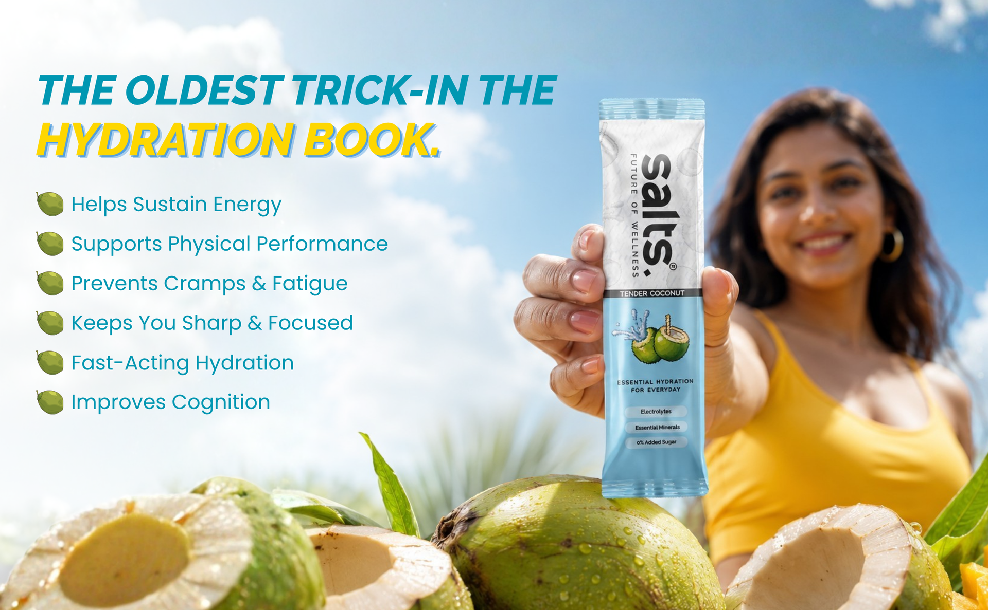 Salts Electrolyte Powder, 15 Sachet with Zero Sugar, Electrolytes Hydration Mix Drink for Summer Heat, Workout Recovery and Travel, Keto and Vegan Friendly, (Coconut)