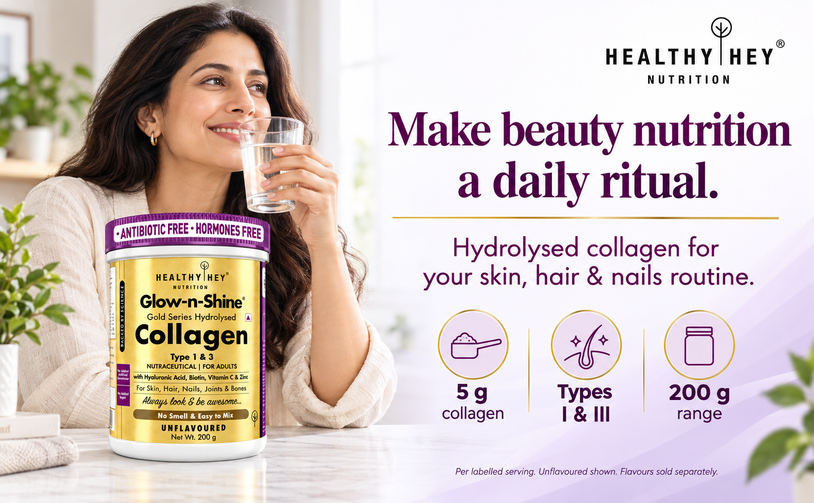 HealthyHey Collagen Powder for Skin, Hair & Nails, Unflavoured, 200g