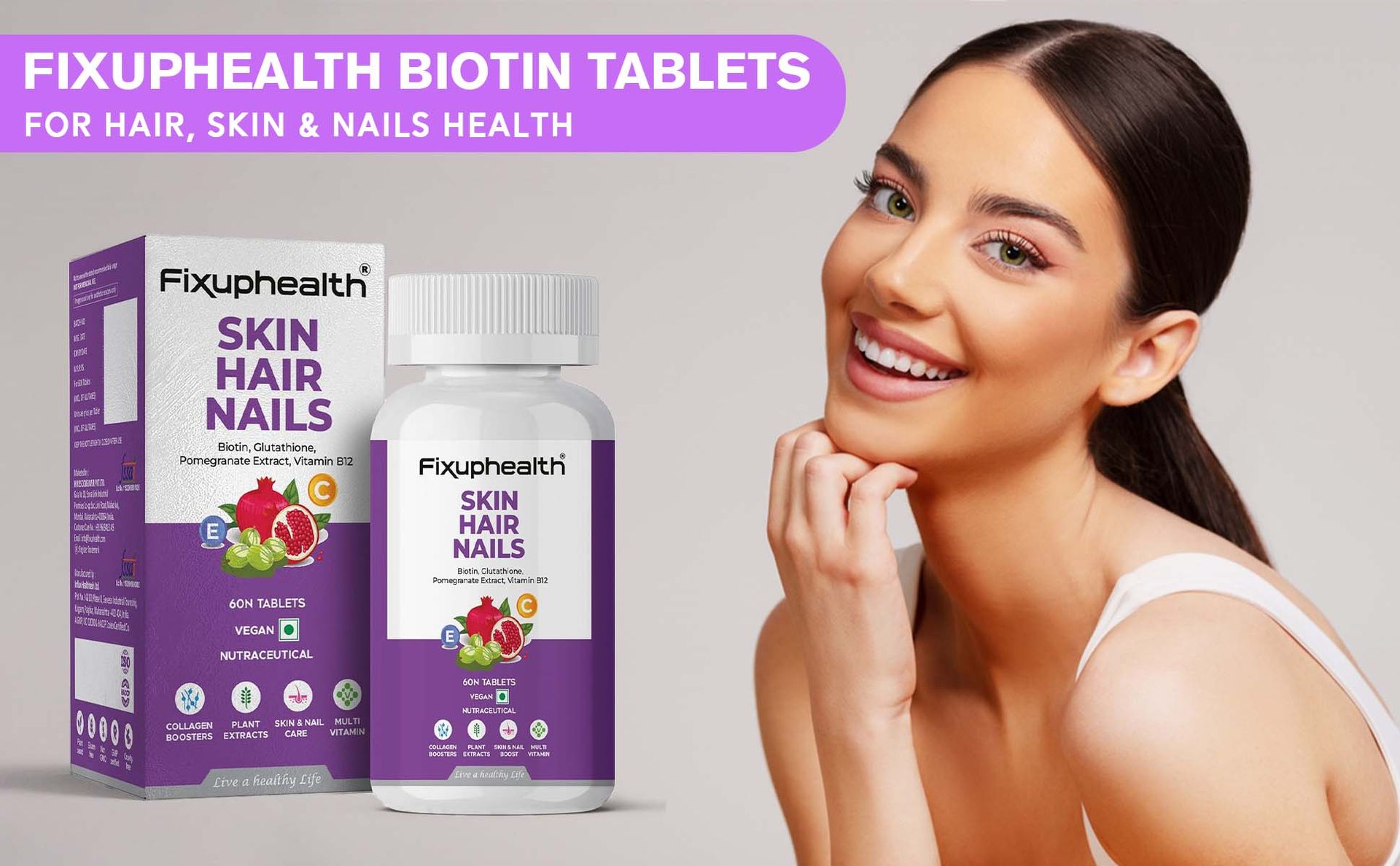 Fixuphealth Hair Skin Nails Supplement | Biotin Tablets for Hair Growth with Glutathione, Vitamin B12 & Pomegranate Extract | Hair Vitamins for Men & Women | Healthy Hair, Skin & Nails | 60 Tablets