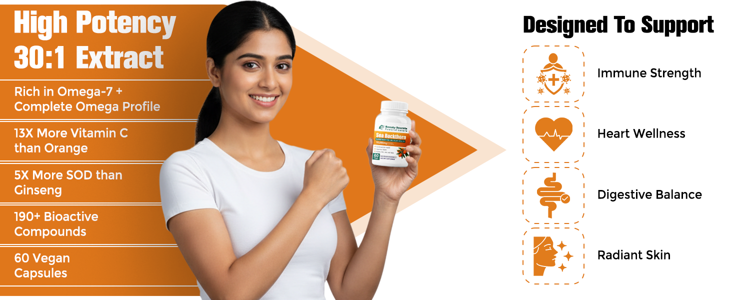 Himalayan Sea Buckthorn Capsules 15000 mg | Sea Buckthorn Berry Extract | with Omega-7 | High Potency Antioxidant Supplement for Immune Support, Digestive & Heart Health | 60 Veg Capsules