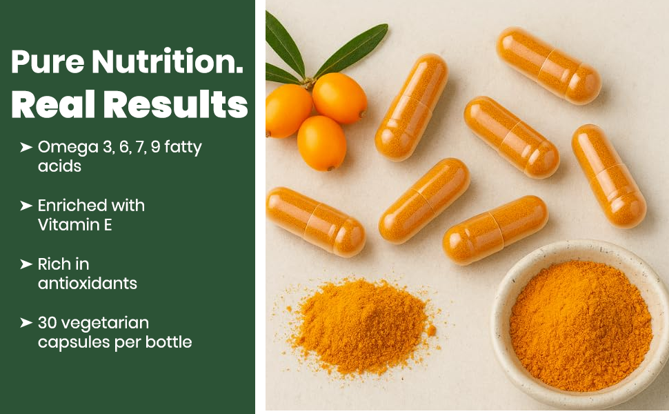 Health Harmony Sea Buckthorn Capsules | Omega 3, 6, 7, 9 + Vitamin E | For Skin, Heart, Immunity & Joint Health | 1120mg | 30 Vegetarian Capsules