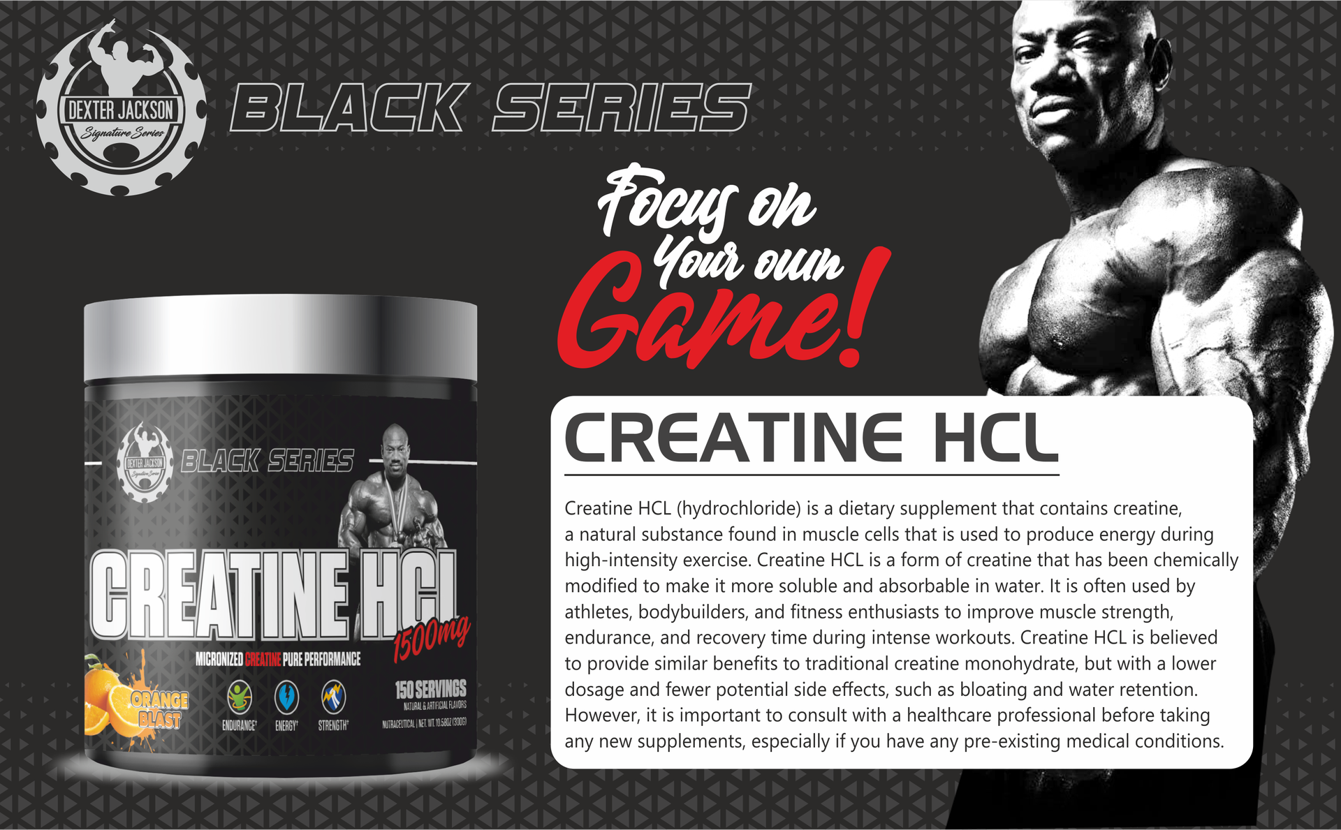 Dexter Jackson Black Series Creatine HCL | Blue Raspberry Flavor | 150 Servings, 300g | Premium Muscle Strength and Endurance Supplement