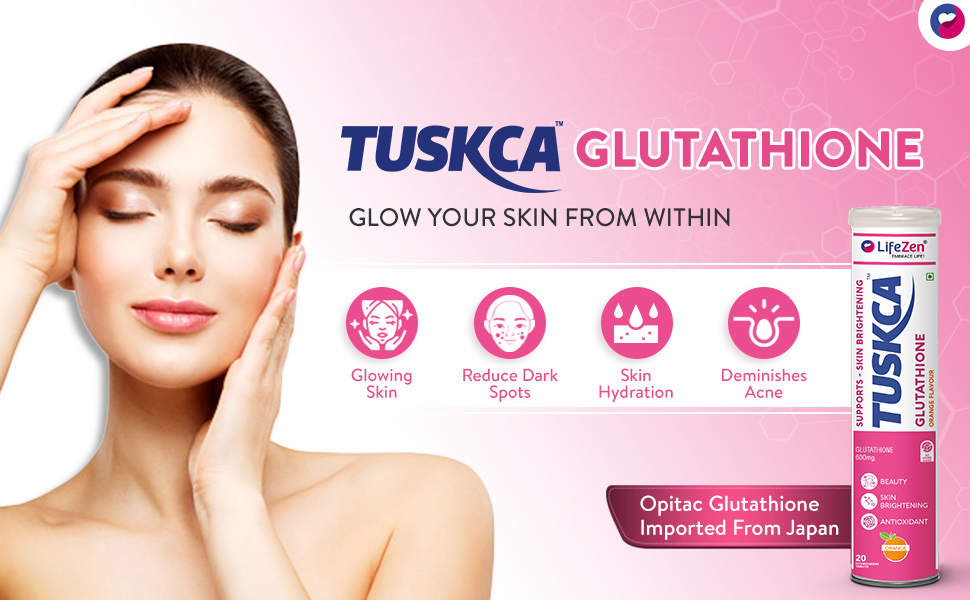 TUSKCA Japanese Glutathione Tablets for Skin Brightening with Vitamin C, 20 Effervescent Tablet (Pack of 1) Orange