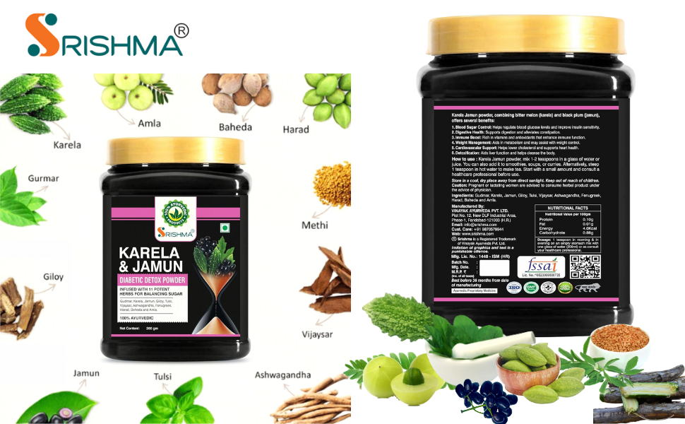 Karela, Jamun Diabetic Detox Powder | Infused with 11 Potent Herbs for Balancing Sugar | 100% Ayurvedic (200g)