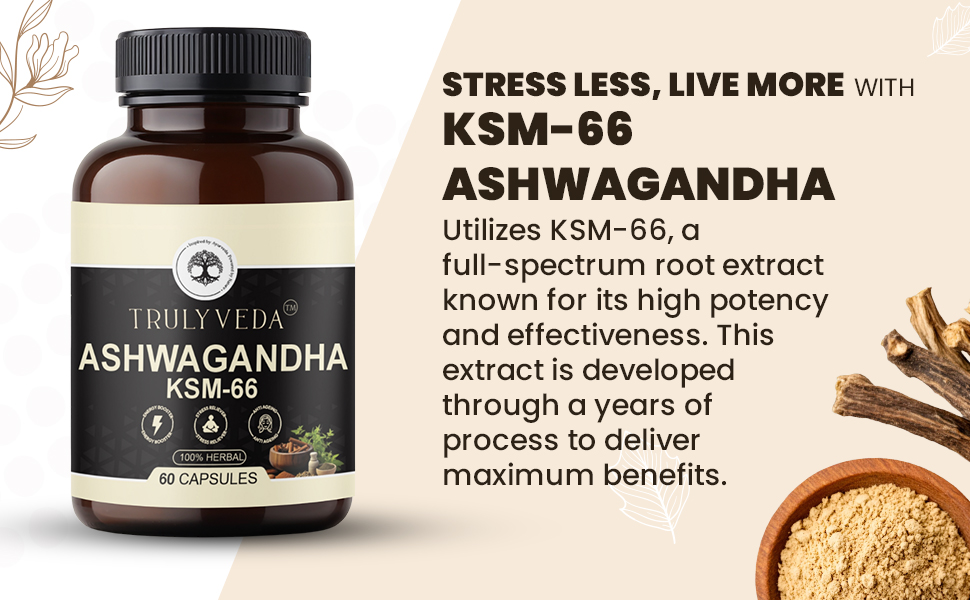 TrulyVeda Aswagandha KSM-66 Capsules | Clinically Proven 100% Pure Root Extract | 60 Capsules