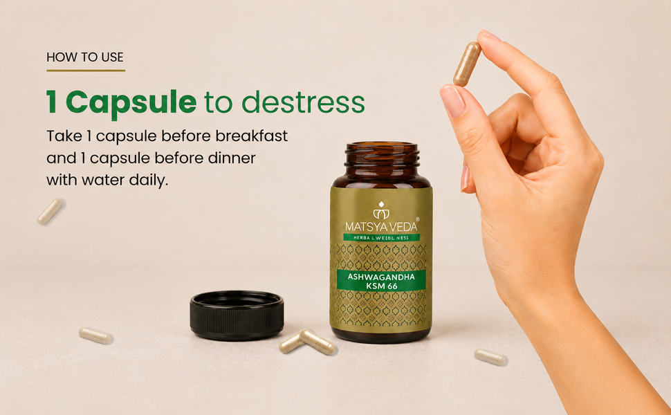 MatsyaVeda Herbals Ashwagandha KSM-66 | 100% Pure Root Extract | Lab Tested | Non-GMO | GMP Certified | For Stress Support, Mental Clarity & Daily Energy | 60 Capsules