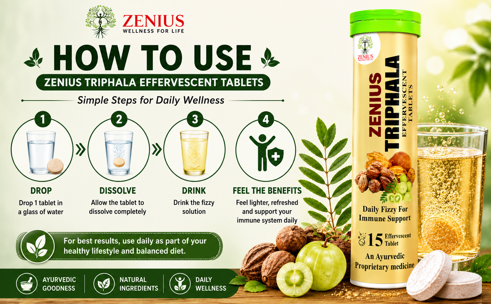 Zenius Triphala Effervescent Tablets, 15 Tablets