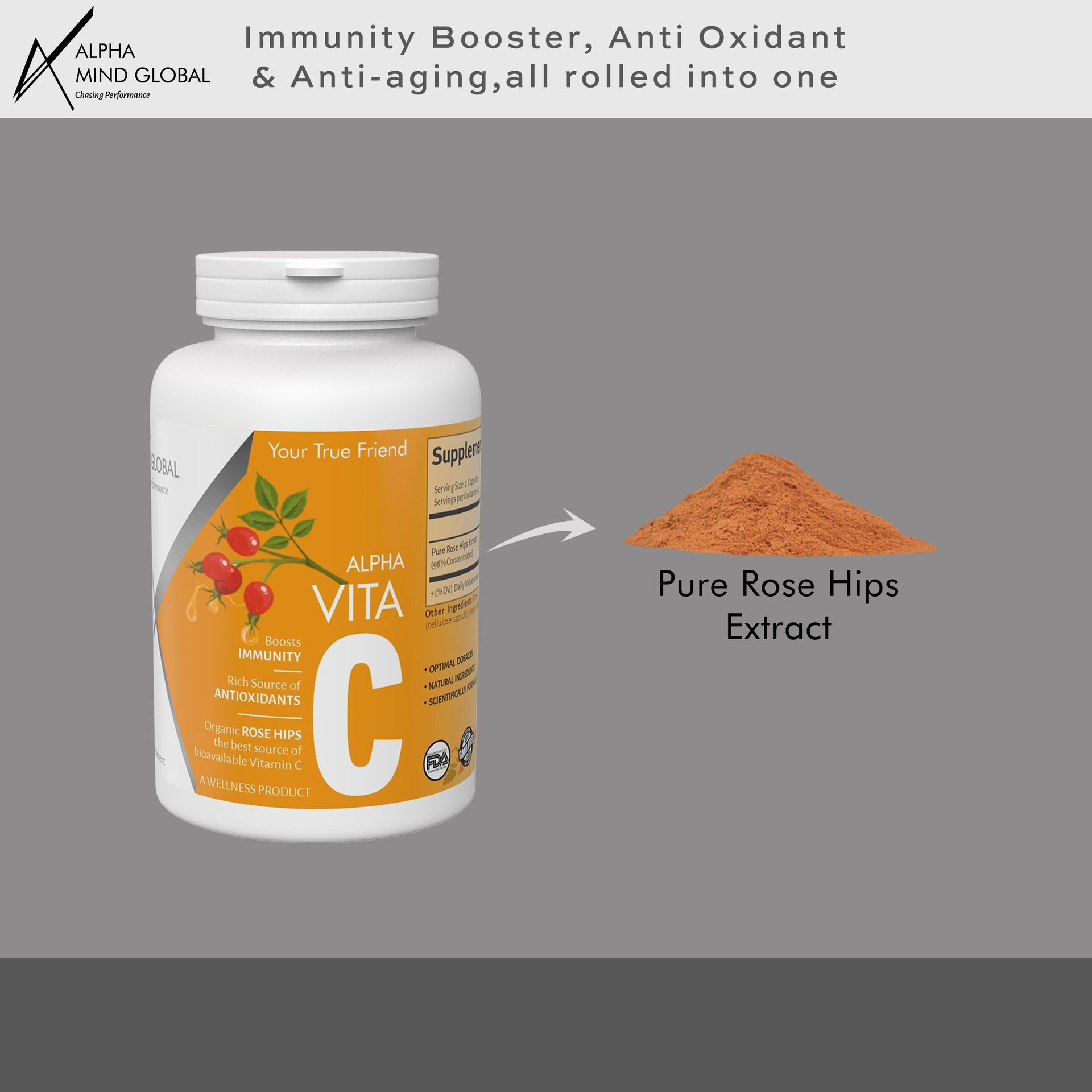 ALPHA MIND GLOBAL Vita C : Vitamin C 1000 Mg Capsule With Pure Organic Rose Hips - Antioxidant & Immune Support - Supports Healthy Skin & Joints-Non Gmo-Fssai Approved - 30 Servings