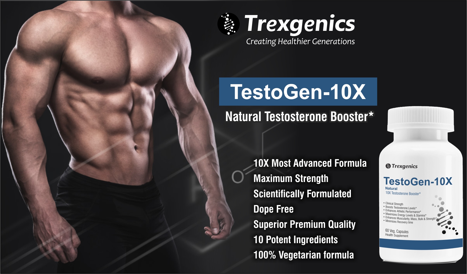 Trexgenics Testogen-10X Synergistic Action with Ashwagandha withanolides, Fenugreek & Tribulus saponins, Boron Glycinate,Zinc,Aspartic acid,D3,B6,B9,B12(60 Veg capsules)