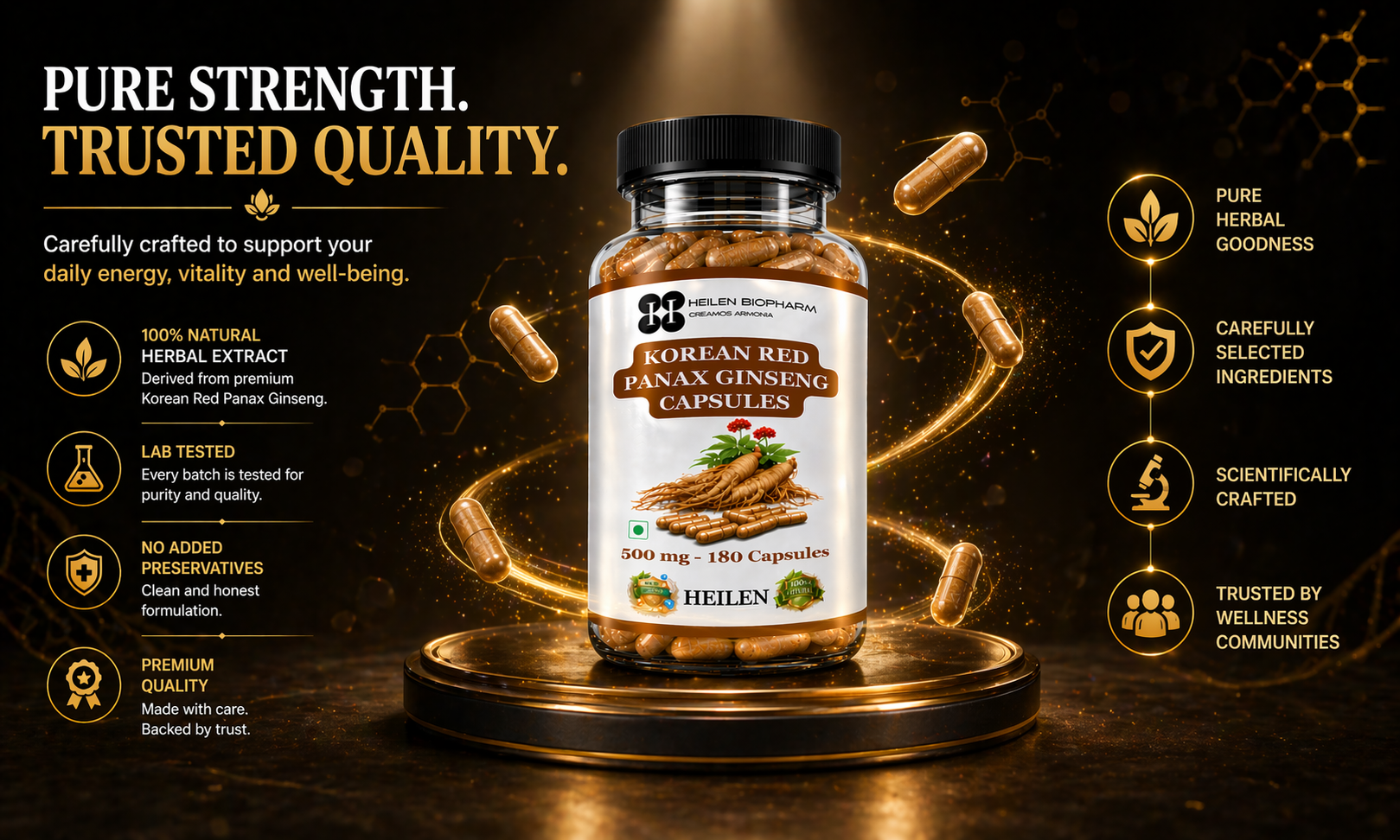 Heilen Biopharm Premium Korean Red Panax Ginseng Root Extract Capsules – 500 mg × 180 Veg Caps (Pack of 2) | Natural Energy & Immunity Booster