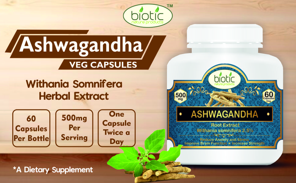 Biotic Ashwagandha Capsules 500mg - Ashwagandha Supplements for Men and Women - Aswagandha Root Extract - 60 Veg Capsules