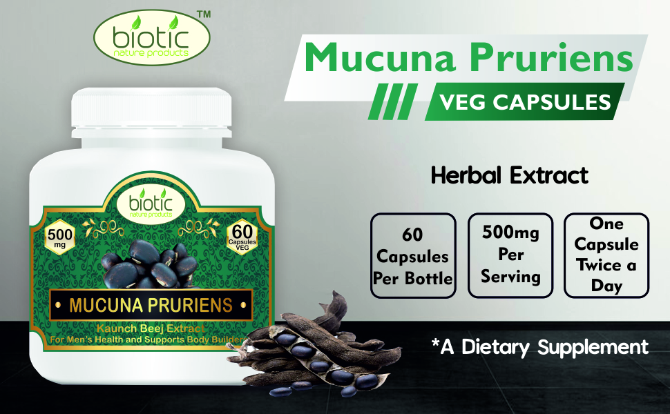 Biotic Mucuna Pruriens Capsules - Kaunch Beej Capsules - Kapikachu Capsule Supplements 500mg Extract - 120 Veg Capsules (Pack of 2)