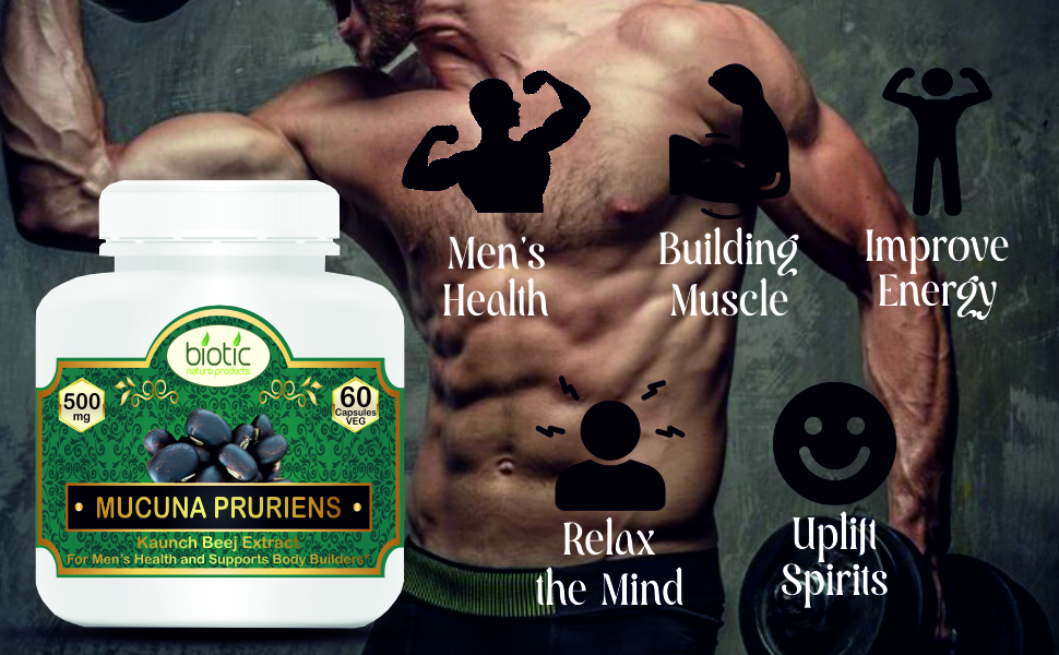 Biotic Mucuna Pruriens Capsules - Kaunch Beej Capsules - Kapikachu Capsule Supplements 500mg Extract - 120 Veg Capsules (Pack of 2)
