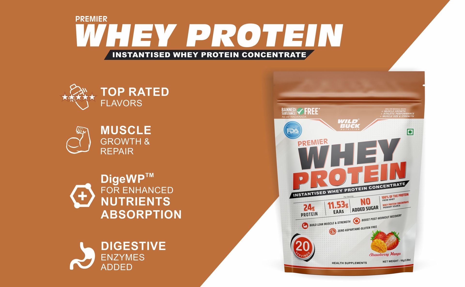 WILD BUCK Premier Whey Protein Concentrate 100%, 24G High Protein, 5.43G Bcaa, 11.53G Eaa & Added Digestive Enzymes|Muscle-Building Whey Protein Powder|For Men & Women [1Kg, Strawberry Mango]