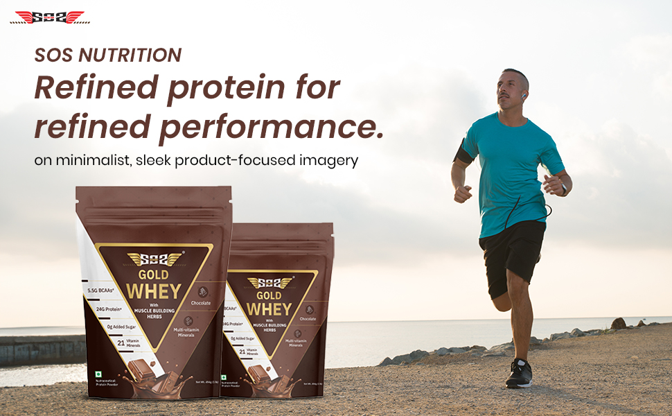 SOS Nutrition Gold Whey Protein Powder (Chocolate 454g) (Pack of 2) For Men Women 24g Whey Protein in 2 Scoop, 5.5g BCAAs, 30 Serving, Ashwagandha, Musli, Faster Muscle Recovery