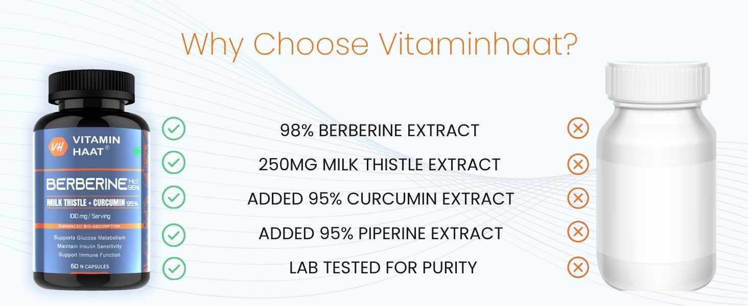 Berberine supplements | Liver Detox Supplement | Milk Thistle with Berberine HCl 98% | Liver Detox Berberine & Milk Thistle Supplement 1010mg Per Serving 60 Capsules by VitaminHaat