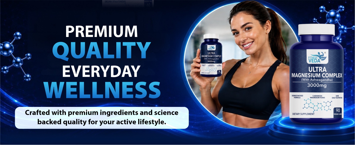 Fitness Veda Ultra Magnesium Complex with Ashwagandha, Vitamin B6 & 5 Magnesium Forms, 3000mg, 90 Veggie Capsules