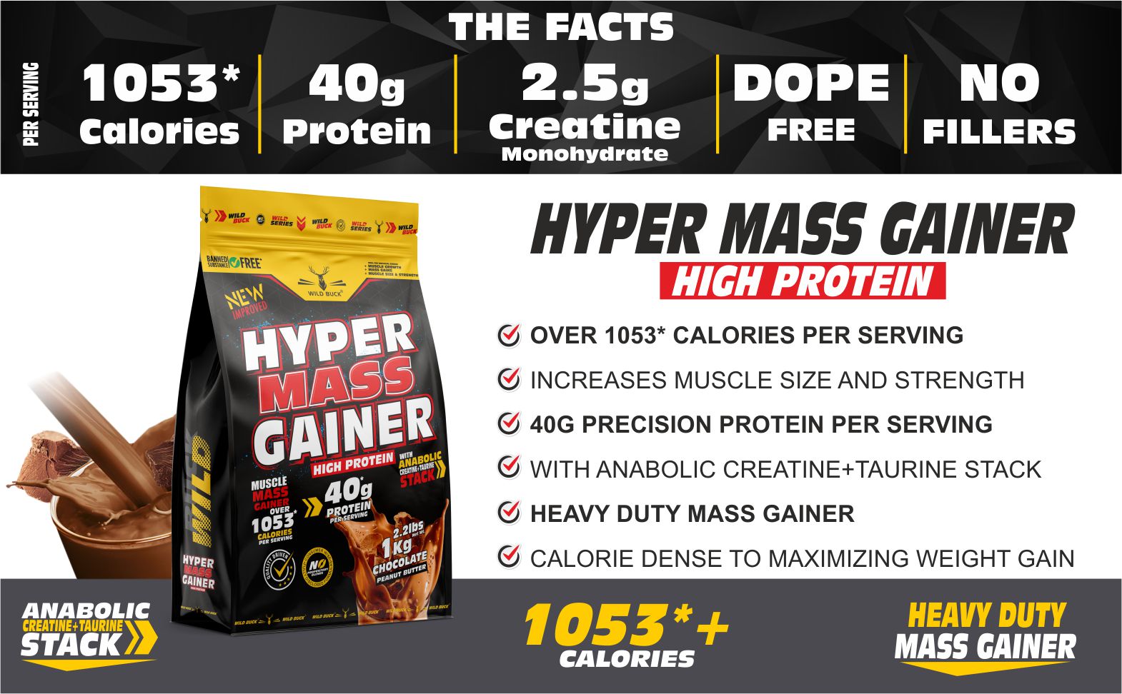 Wild Buck Hyper Mass Gainer Powder, High Protein Muscle Mass Gainer with Creatine + Taurine,1053 Calories & 40g Protein , Gain Strength & Size, Weight Gainer for Men & Women [Chocolate Peanut Butter, 1 Kg / 2.2 lb]