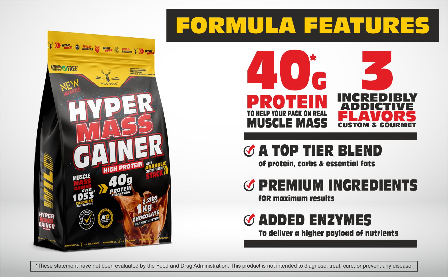Wild Buck Hyper Mass Gainer Powder, High Protein Muscle Mass Gainer with Creatine + Taurine,1053 Calories & 40g Protein , Gain Strength & Size, Weight Gainer for Men & Women [Chocolate Peanut Butter, 1 Kg / 2.2 lb]