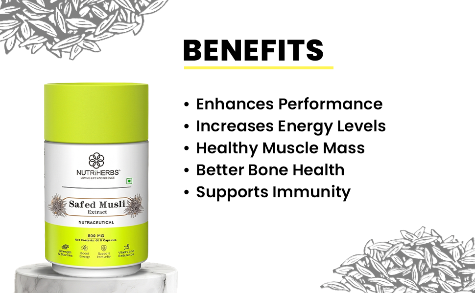 NUTRI HERBS Safed Musli Capsules 800mg – Supplement for Men's Muscle Strength, Stamina, Energy, and Immunity – Safed Musli Root (60 Capsules Pack of 1)
