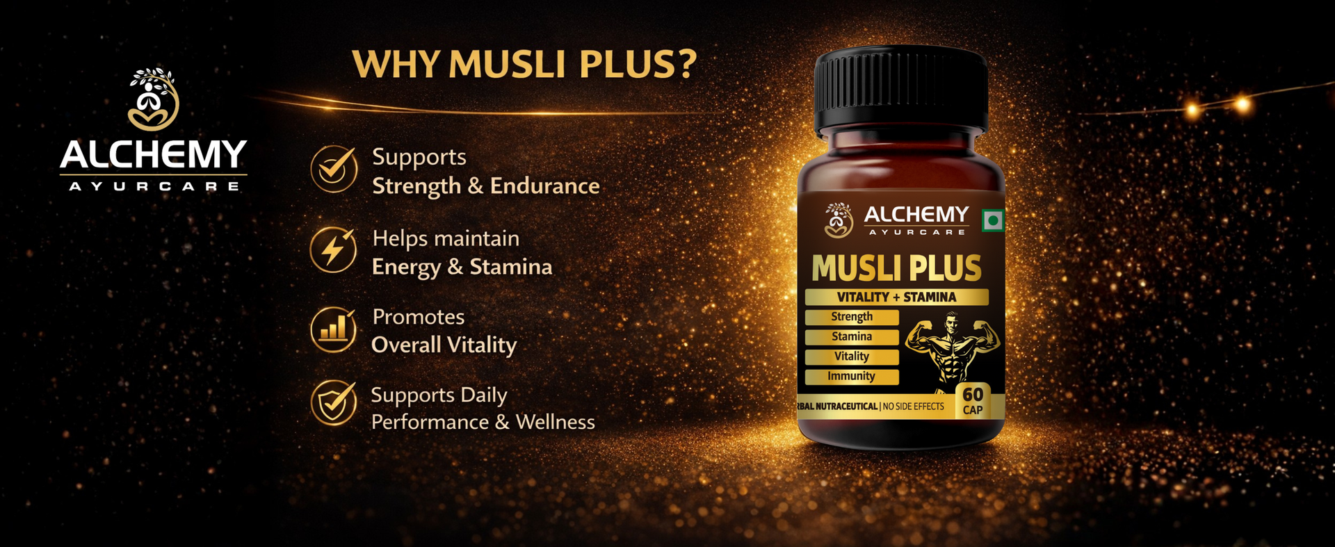 Musli Plus Capsules by Alchemy Ayurcare | Safed Musli, Black Musli, Ashwagandha, Kaunch Beej & Gokshura Blend | Strength, Stamina & Vitality Support | Men & Women | 60 Veg Capsules