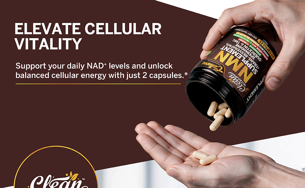 Clean Nutra NMN Supplement 500mg Trans Resveratrol Spermidine Quercetin TMG CoQ10 Complex — Cellnova NAD+ Support All-in-One Longevity Stack for Men and Women — 60 Vegetarian Capsules