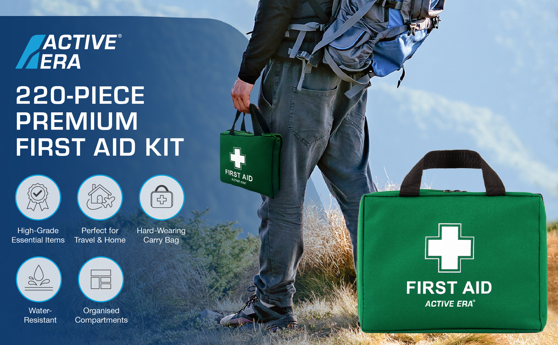 220 Piece Premium First Aid Kit Bag - Includes 2 x Cold (Ice) Packs and Emergency Blanket for Home, Office, Car, Caravan, Workplace, Travel and Sports