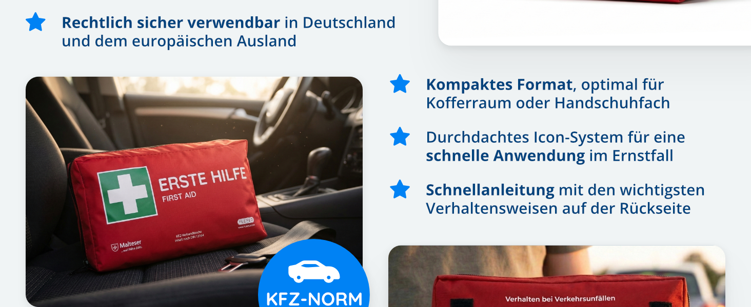 Car First Aid Bag 2026 [Valid throughout Europe] According to StVZO | Current DIN 13164:2022 Certified | Includes 2 Medical Face Masks | First Aid Kit / Box / First Aid Kit for Car/Car/Motorcycle (1 ×