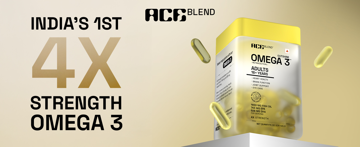 Ace Blend Outshine Omega 3 Fish Oil 4X Strength | 1650mg with 743 EPA & 528 DHA | 2 Softgels Daily for Men & Women | No Fishy Burps | Supports Heart, Brain, Joints & Eye Health | 60 Softgels