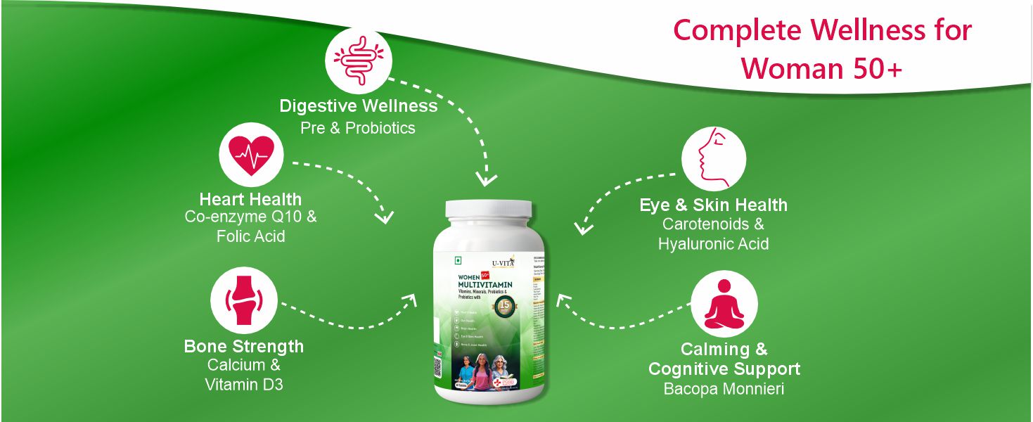 U-VITA Women 50+ Multivitamin | 43 Essential Vitamins, Minerals & Herbal extracts, Pre & Probiotics | Bacopa, Lion's Mane Mushroom Extracts| 30 Veg Tablets | Formulated in the UK