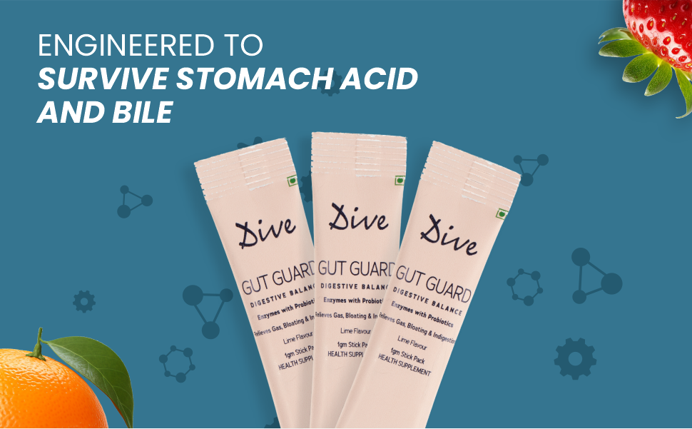 Dive Gut Guard Digestive Balance Probiotics & Digestive Enzymes Supplement | 2 Billion CFU | Helps Relieve Gas, Bloating & Indigestion | Supports Gut Health & Digestion | Lime Flavour | 15 Days