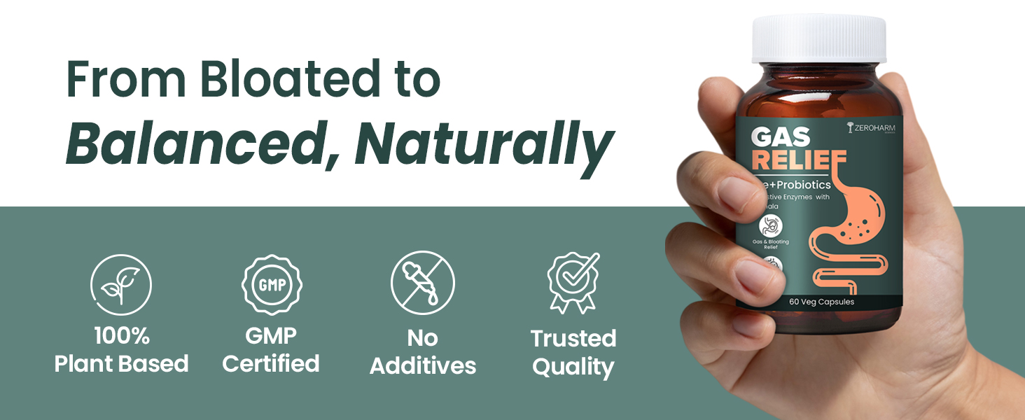 ZEROHARM Gas Relief Capsules | Ayurvedic Pre‑Probiotic & Digestive Enzymes Blend with Triphala (Amla, Haritaki, Bibhitaki) | Eases Digestion, Bloating, Gas Relief & Acidity | Men & Women | 60 Capsules