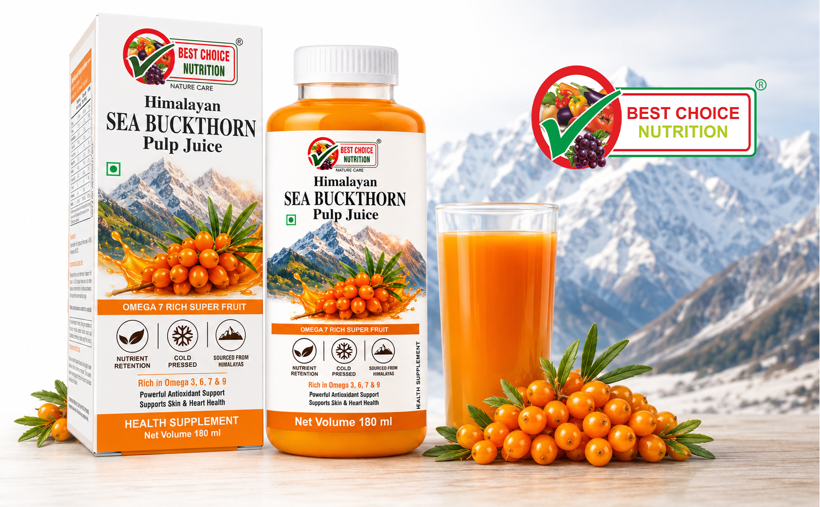 Himalayan Sea Buckthorn Juice | Natural Source of Vitamin C, Omega 3 6 7 9 & Antioxidants | Supports Immunity, Skin & Digestive Wellness 180ml