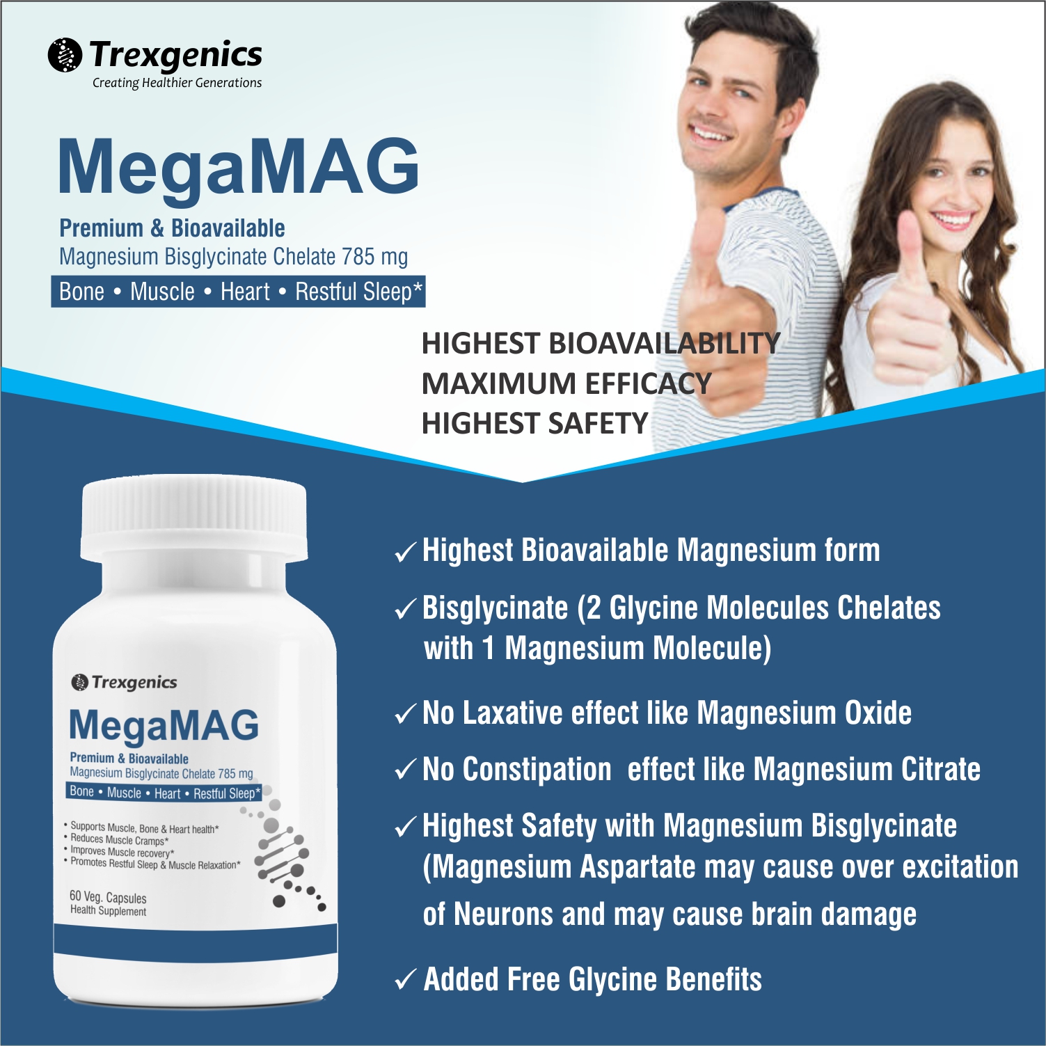 Trexgenics MegaMAG 785mg Magnesium Bisglycinate - Most Bioavailable Magnesium for Sleep, Muscle, Bone & Heart Support (60 Veg. Capsules) (Pack of 1)