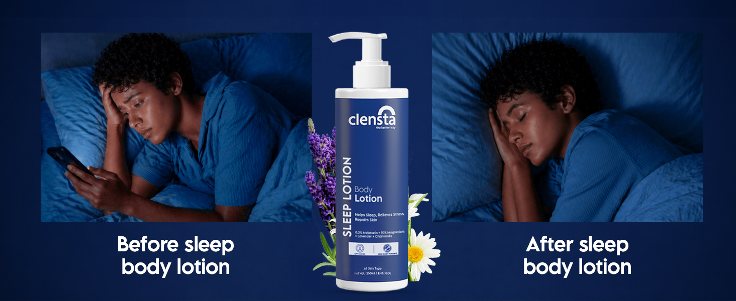 Clensta Sleep Lotion with 0.3% Melatonin & 10% Magnesium | Lavender & Chamomile Oil For Deep & Restful Sleep | Relaxes Muscle, Post workout & Reduces Signs of Aging | 250 ml