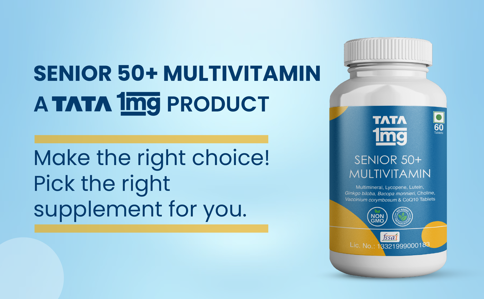 Tata 1mg Senior 50+ Multivitamin & Multimineral Veg Tablet with Calcium for Bone, Skin, Eye, Immunity, Heart & Joints, For Men & Women, Non-GMO & No Added Preservatives (Pack Of 60)