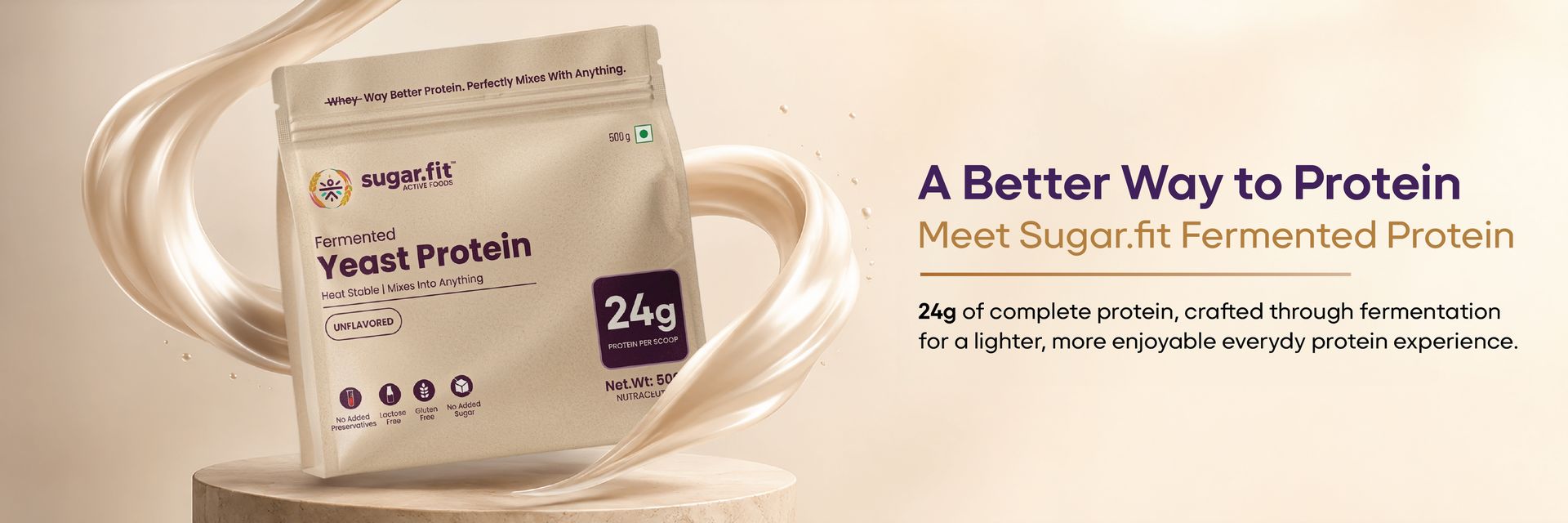 Sugar.fit Fermented Yeast Protein Powder, Unflavoured 500g | 24g Protein from a 30g Scoop | All 9 Essential Amino Acids | Vegan protein powder, Heat Stable, Gluten Free, Lactose Free, No Added Sugar