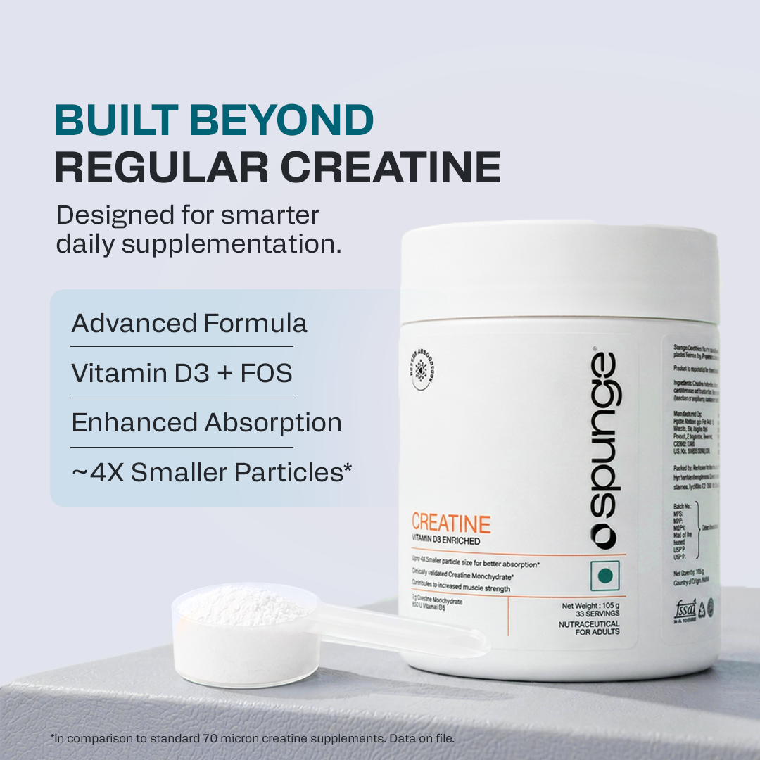 Spunge Creatine | Vitamin D3 Enriched | 105g | Creatine Monohydrate Powder with Added Vitamin D3 | Upto 4X Smaller Particles | Supports Muscle Strength, Performance & Bone Health | Daily Dietary Supplement