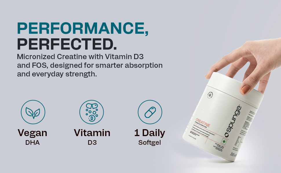 Spunge Creatine | Vitamin D3 Enriched | 105g | Creatine Monohydrate Powder with Added Vitamin D3 | Upto 4X Smaller Particles | Supports Muscle Strength, Performance & Bone Health | Daily Dietary Supplement