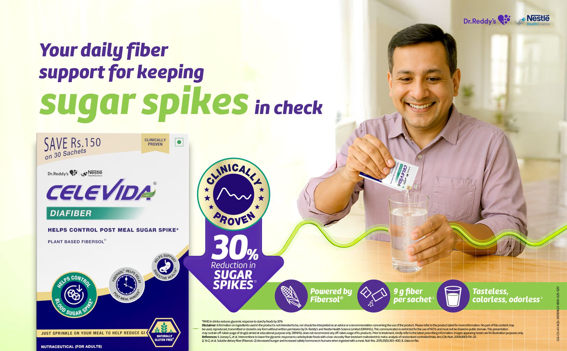 Celevida Diafiber - Diabetes Care Product| 100% Plant-Based Fibersol® Helps Control Post Meal Sugar Spike - 360g (Pack of 30 Sachets)
