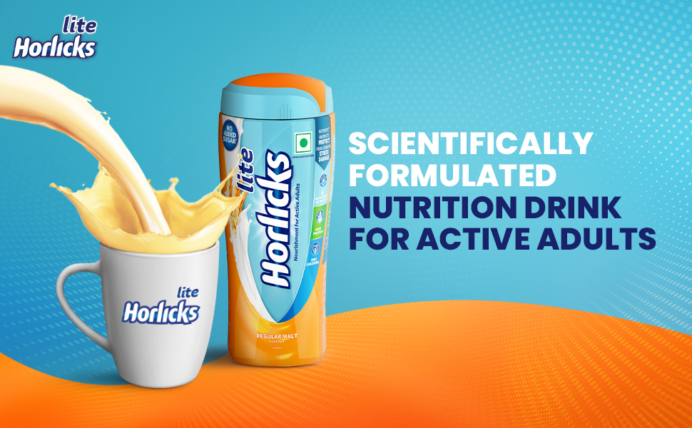 Horlicks Lite 450g, Energy for Active Adults | High Protein, No Added Sugar, 24 Vital Nutrients | Malt Flavour