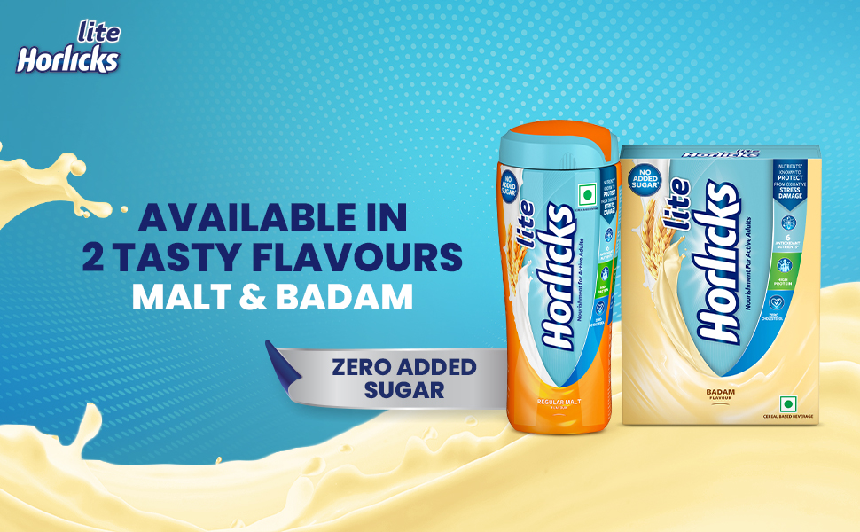 Horlicks Lite 450g, Energy for Active Adults | High Protein, No Added Sugar, 24 Vital Nutrients | Malt Flavour