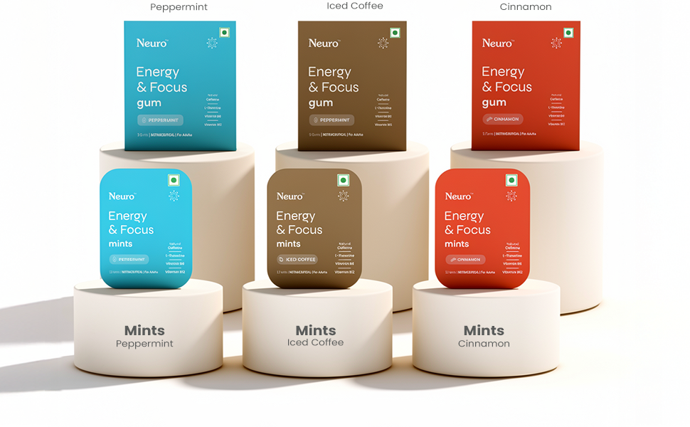 Neuro Energy & Focus Gum - Variety/Trial Pack | All 3 Flavours in one pack | Natural Caffeine + 60 mg L-Theanine + Vitamin B6 & B12 | 27 Gums | Peppermint, Iced Coffee and Cinnamon Flavour