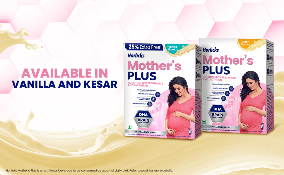 Horlicks Mother's Plus Vanilla 500 g BIB, For Pregnancy and Lactation with Protein for Birth Weight and DHA for Brain Development- No Added Sugar