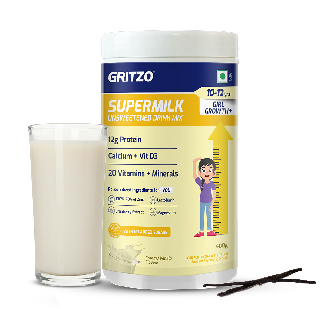 Gritzo SuperMilk Growth+ Unsweetened (10-12y Girl), Creamy Vanilla, 400g