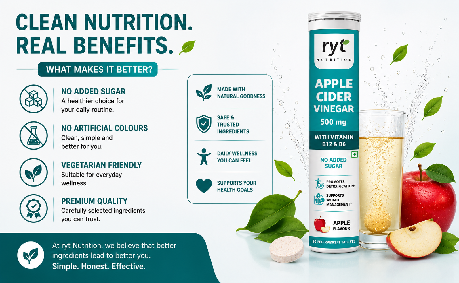 Apple Cider Vinegar Effervescent (500mg) - 20 Tablets (Apple Flavour), With Vitamin B12 & B6 | For Weight Management & Gut Health | No added Sugar | Easy to Carry & Consume