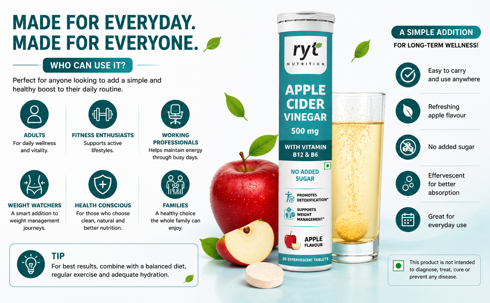 Apple Cider Vinegar Effervescent (500mg) - 20 Tablets (Apple Flavour), With Vitamin B12 & B6 | For Weight Management & Gut Health | No added Sugar | Easy to Carry & Consume