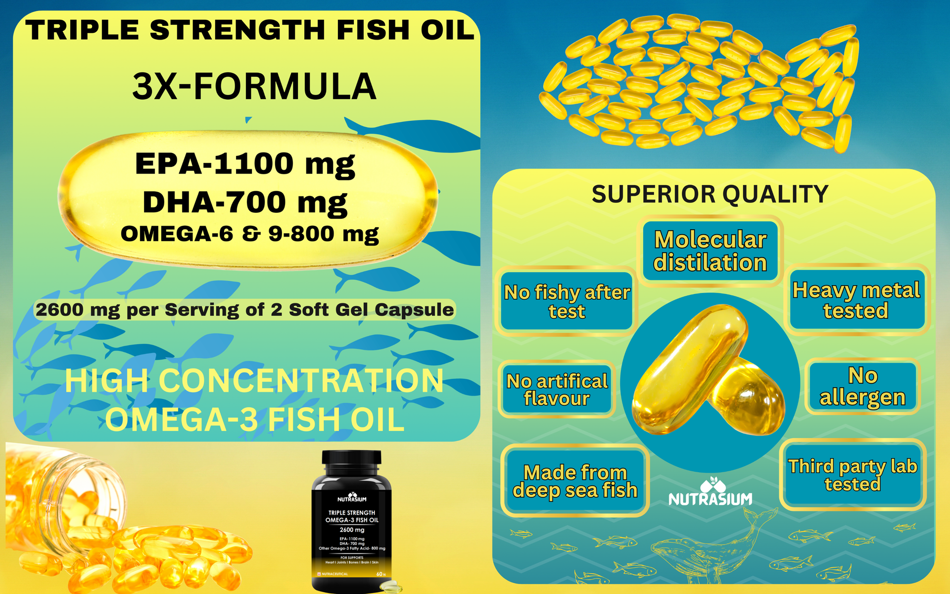 Nutrasium Omega-3 Fish Oil 2600mg | Triple Strength | Heart Brain Eye Joint Skin Bone | 30 Softgels
