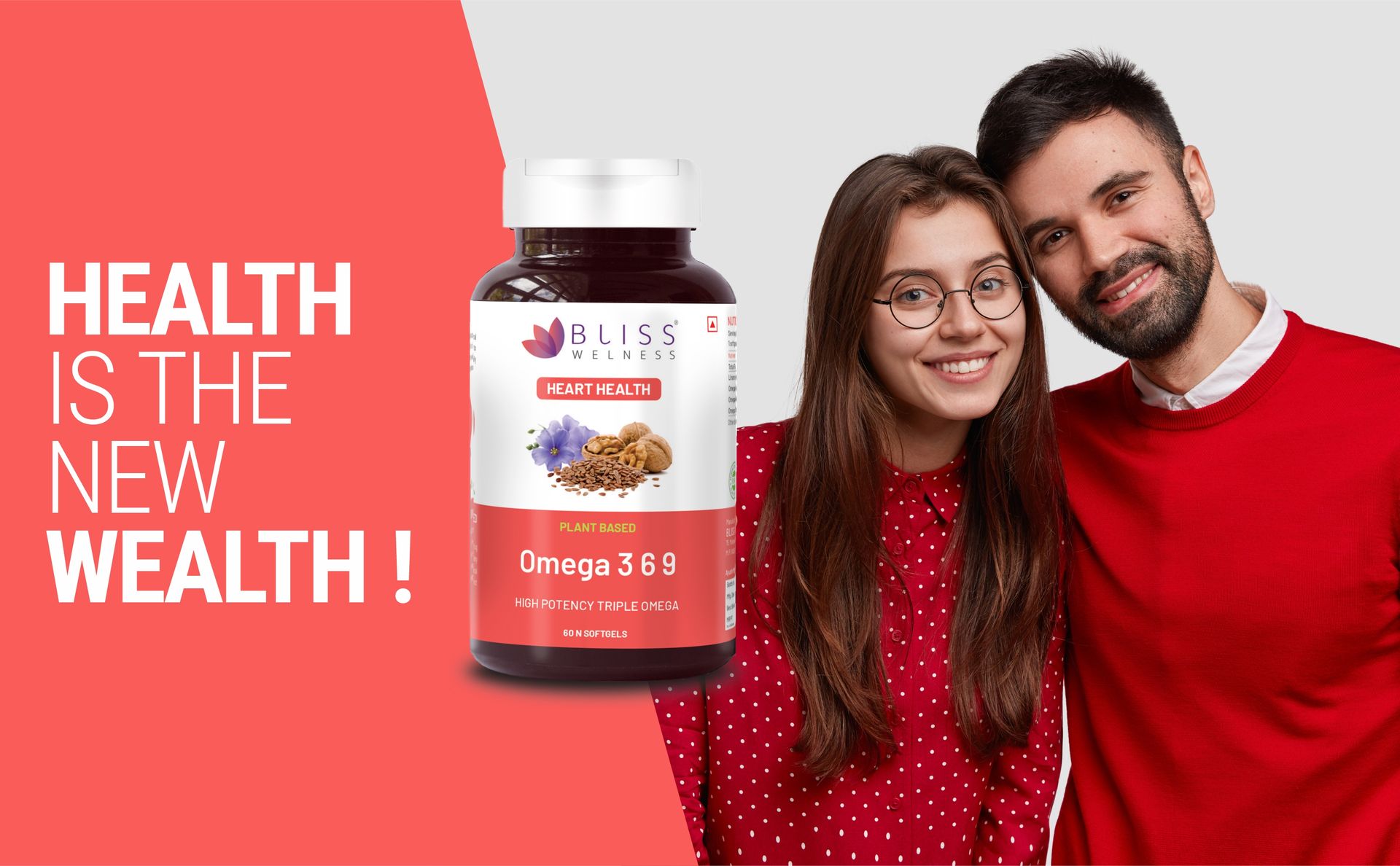 Bliss Welness Organic Omega 3 6 9 2000mg | Omega3 ALA 1000mg Omega 6 LA 274mg Omega 9 OA 400mg Essential Fatty Acid | Heart Cholesterol Brain Eye Immunity Health Supplement - 60 Softgel Capsules